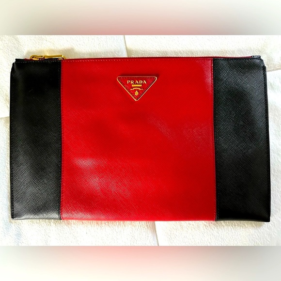 Authentic Prada Saffiano Lux Pochette in Nero + Fuoco - Picture 12 of 13